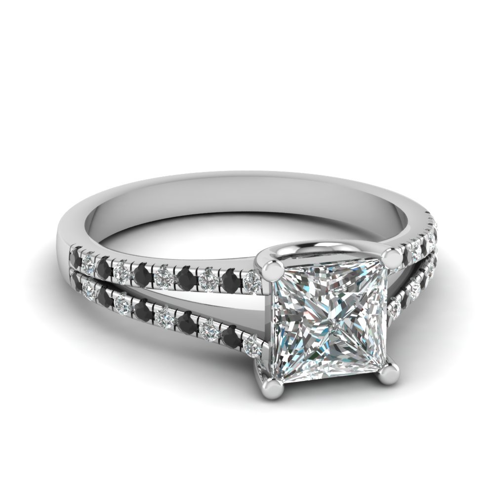 Pave Split Shank Princess Cut Ring With Black Diamond In 14K White Gold ...