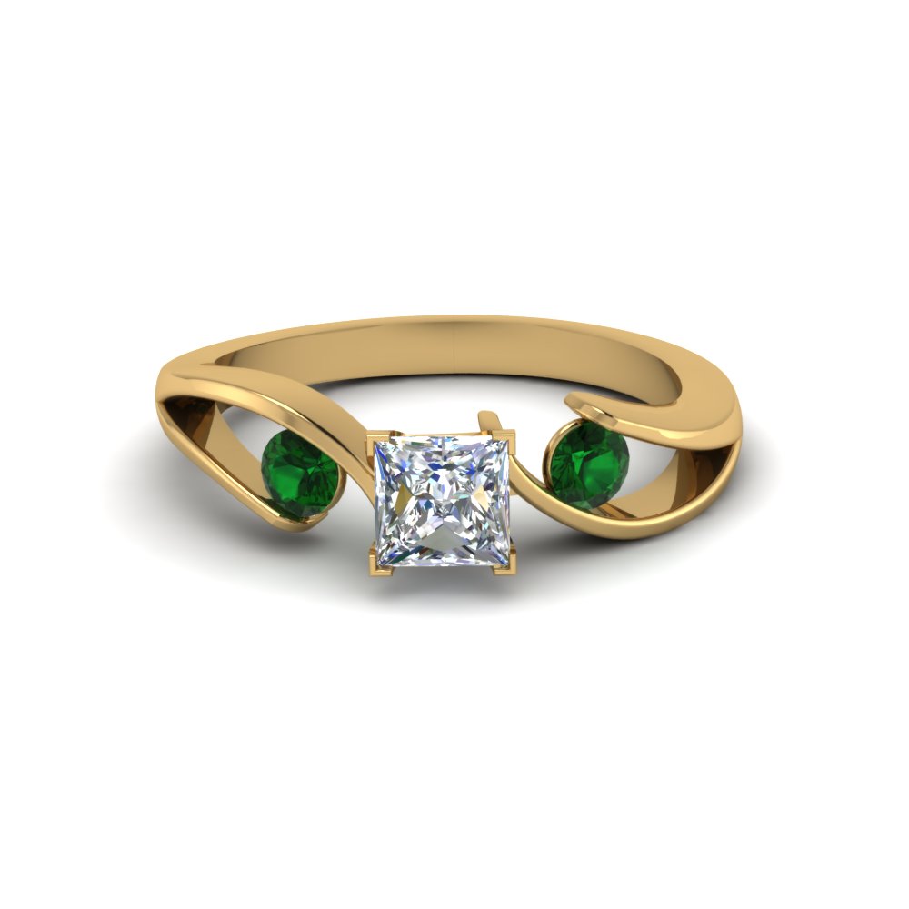 tension set princess cut 3 stone engagement ring with emerald in FDENR1140PRRGEMGRANGLE1 NL YG