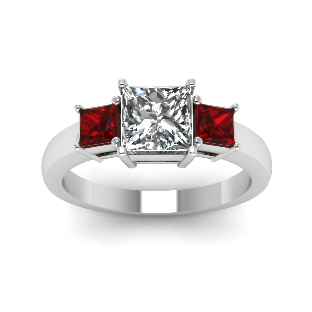 Princess Cut Diamond Past Present Future Engagement Ring With Ruby In ...