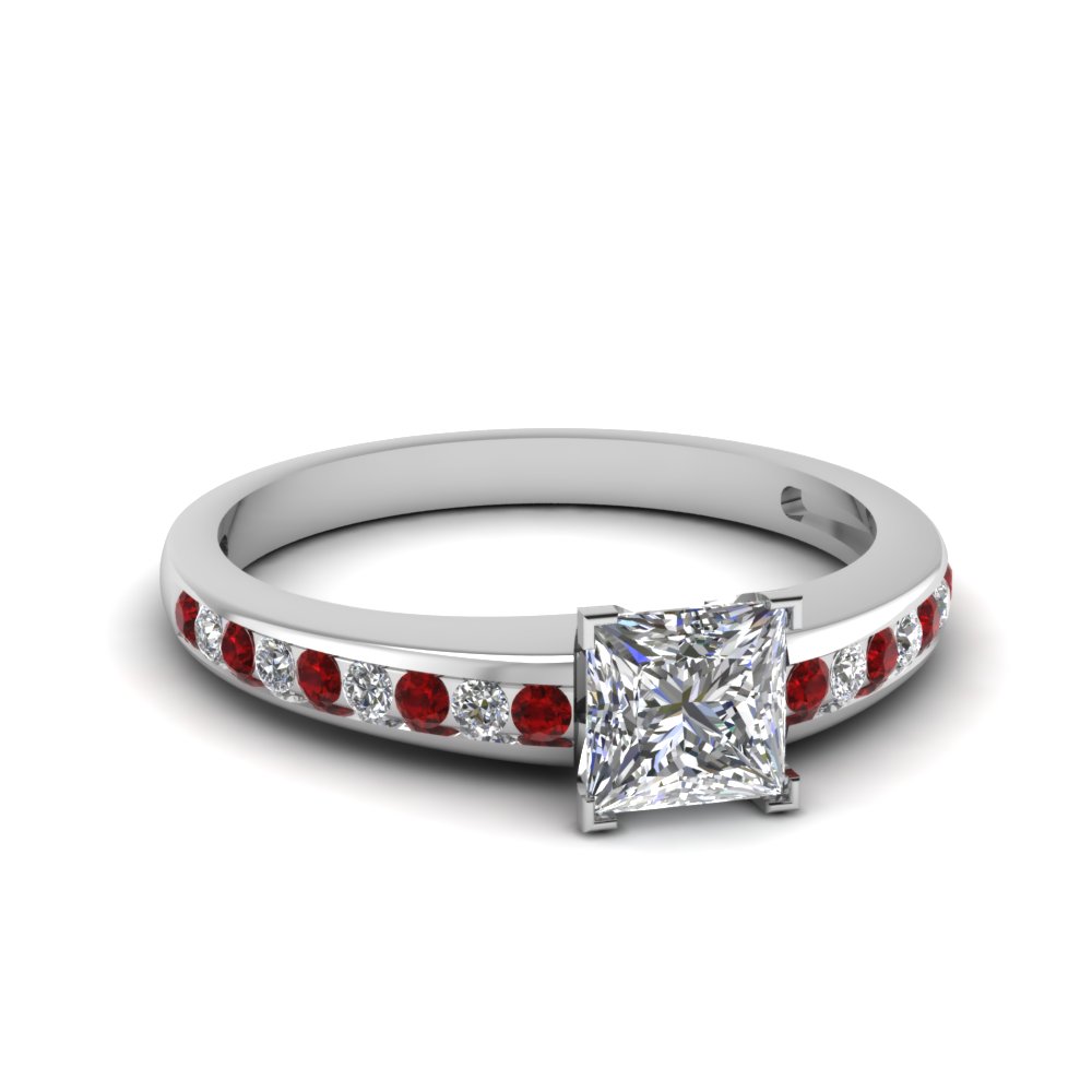 Channel Set Princess Diamond Engagement Ring With Ruby In 14K White ...