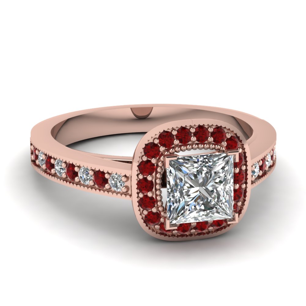 Princess Cut Diamond Engagement Ring With Red Ruby In 18K Rose Gold