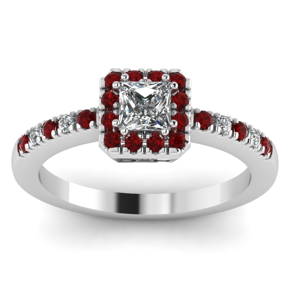 U Prong Sqaure Halo Diamond Engagement Ring With Ruby In 18K White Gold ...