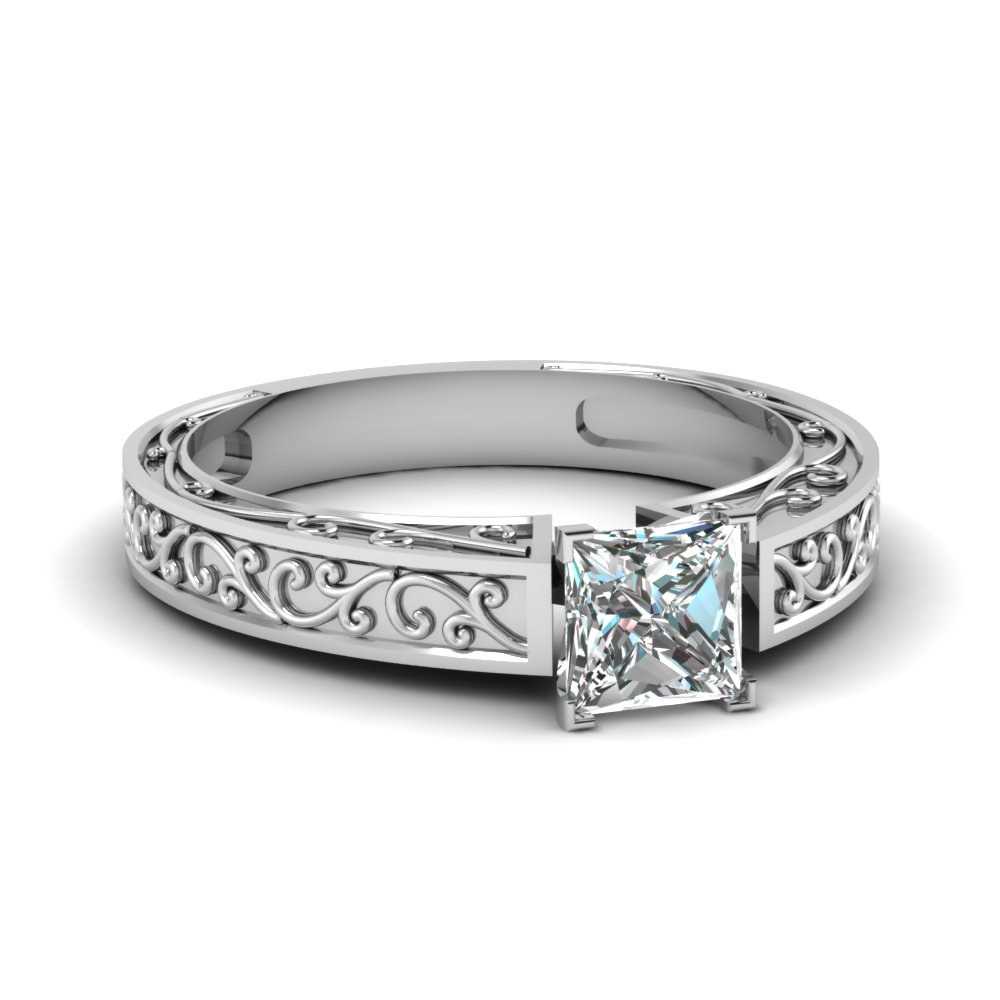 filigree engraved princess cut solitaire engagement ring in FDENS3569PRR NL WG