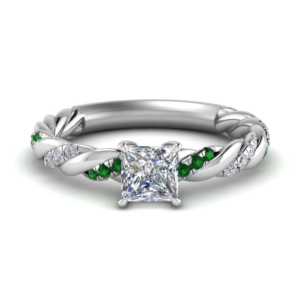 twisted vine princess cut diamond engagement ring for women with emerald in FD9127PRRGEMGR NL WG