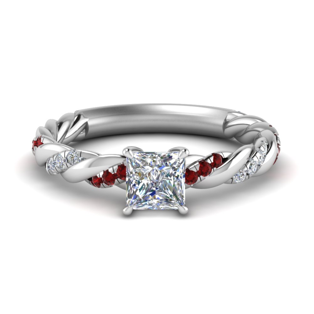 twisted vine princess cut diamond engagement ring for women with ruby in FD9127PRRGRUDR NL WG