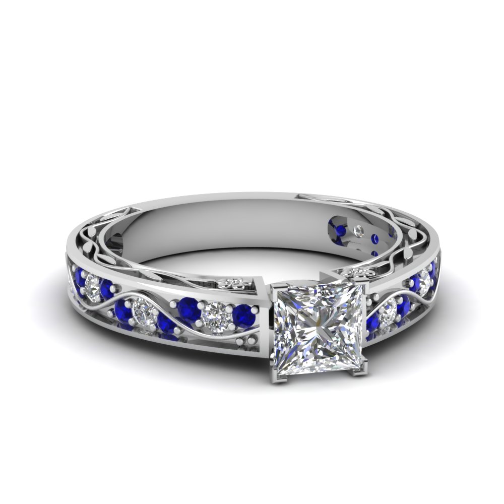 Princess Cut Antique Filigree Diamond Ring With Blue ...