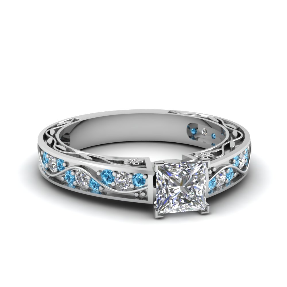 Princess Cut Antique Filigree Diamond  Ring  With Blue  Topaz 