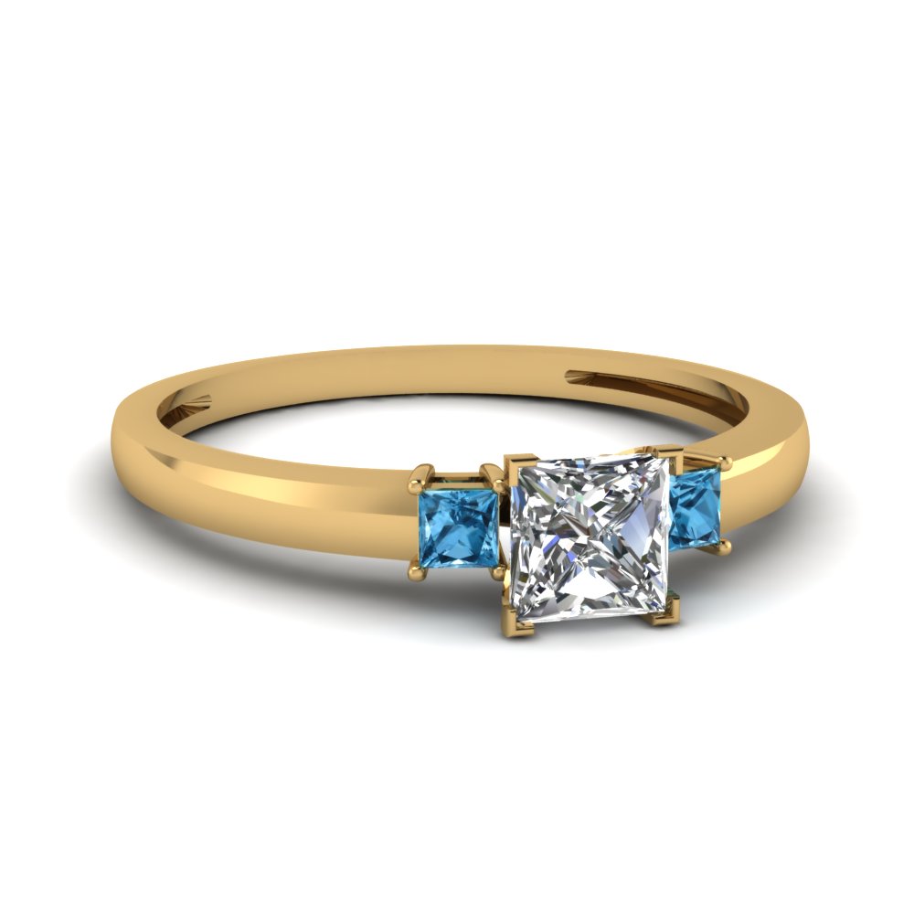 Three Stone Diamond Rings With Princess Cut & Blue Topaz