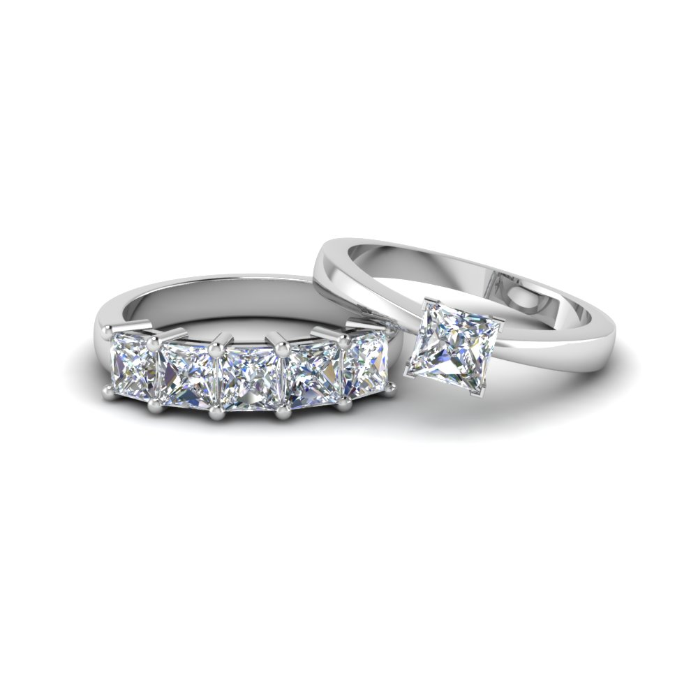 Princess Cut Diamond Solitaire Ring With Matching 5 Stone Band In 14K ...