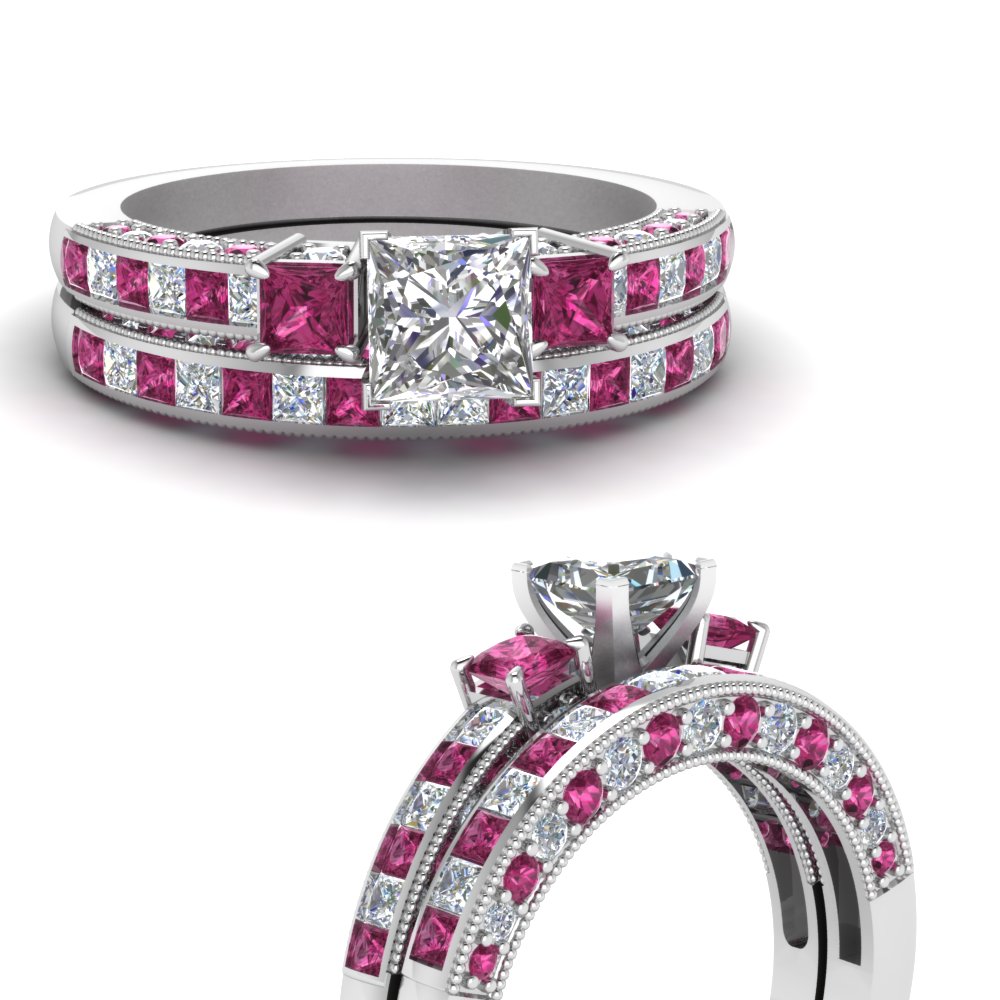 princess-cut-diamond-three-stone-channel-bridal-set-with-pink-sapphire-in-14K-white-gold-FDENS1186PRGSADRPIANGLE3-NL-WG