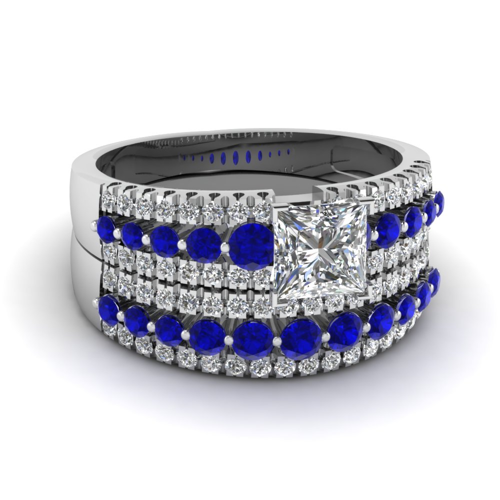 triple row princess cut diamond wedding ring sets  with blue sapphire in 14K white gold FDENS3014PRGSABL NL WG