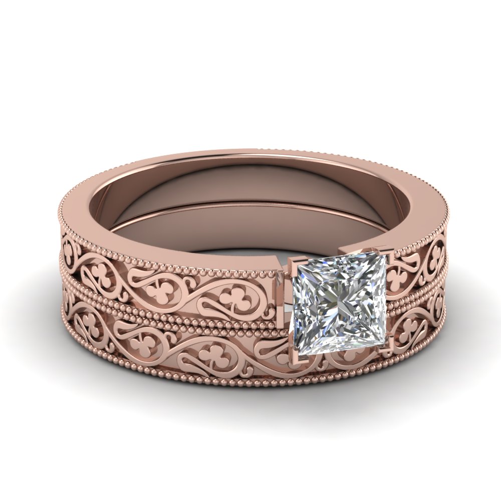 Princess Cut Diamond Wedding Ring Set In 14K Rose Gold ...