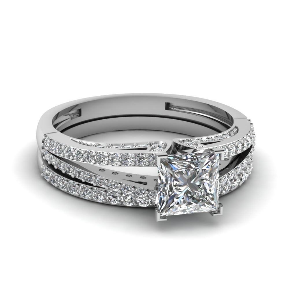 Split Princess Cut Diamond Wedding Ring Set In 14K White