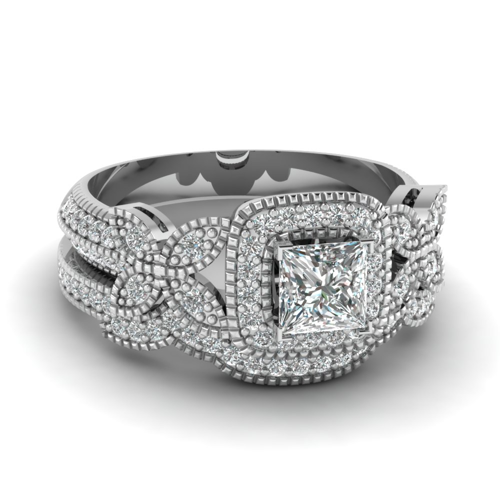 Princess Cut Halo Diamond Wedding Ring Set In 18K White