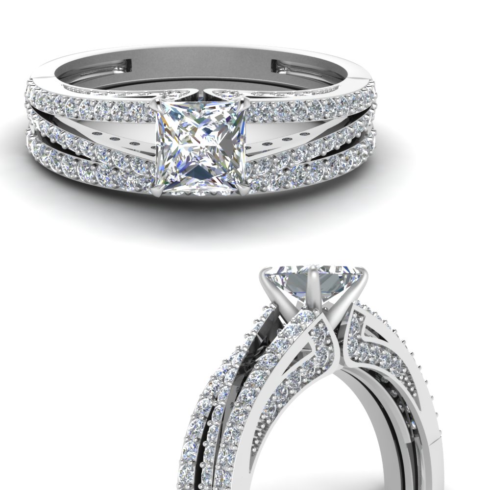Princess Cut Diamond Wedding Ring Set In 14K White Gold