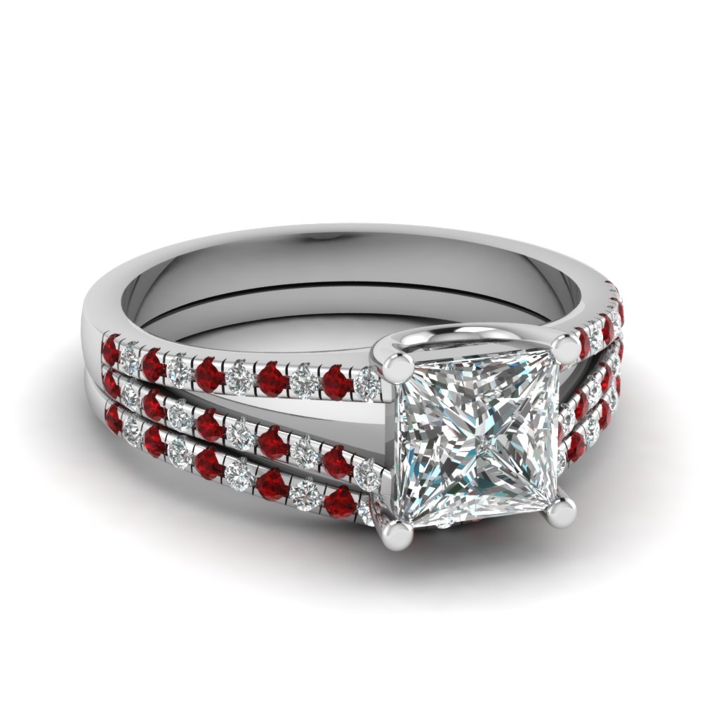 Princess Cut Diamond Wedding Ring Set With Red Ruby In 14K