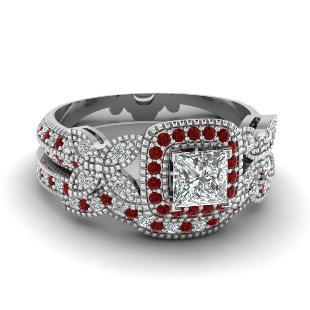 Princess Cut Halo Diamond Wedding Ring Set With Ruby In ...