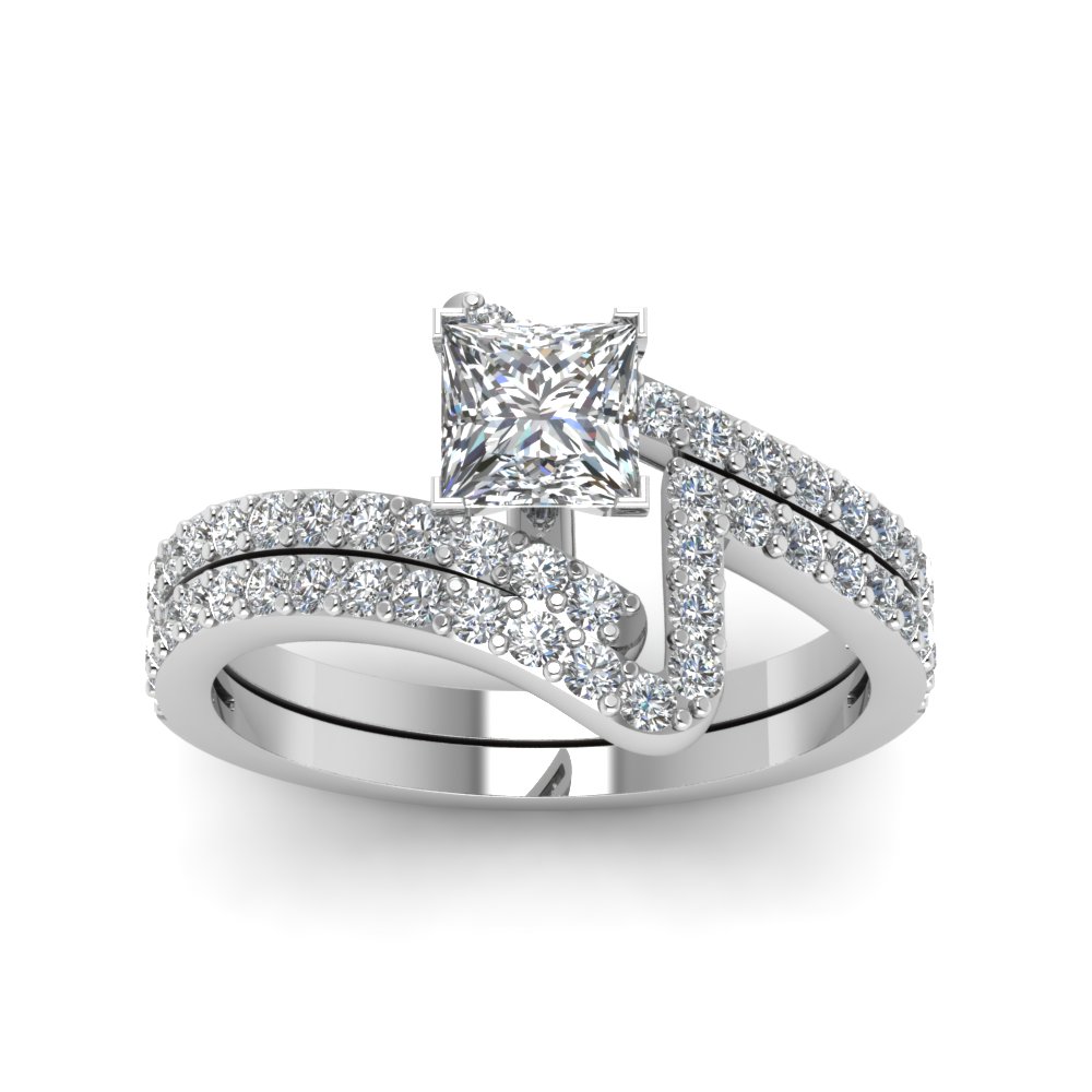 Bypass Princess Cut Diamond Bridal Ring Set In 18K White Gold