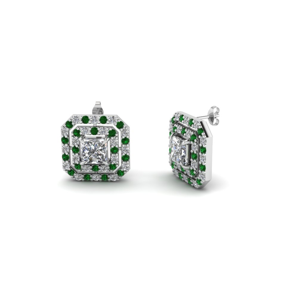 Princess Cut Double Halo Diamond Stud Earring With Emerald In 18k Princess Cut Double Halo Diamond Stud Earring With Emerald In 18k White Fdear1189gegemgr Nl Wg