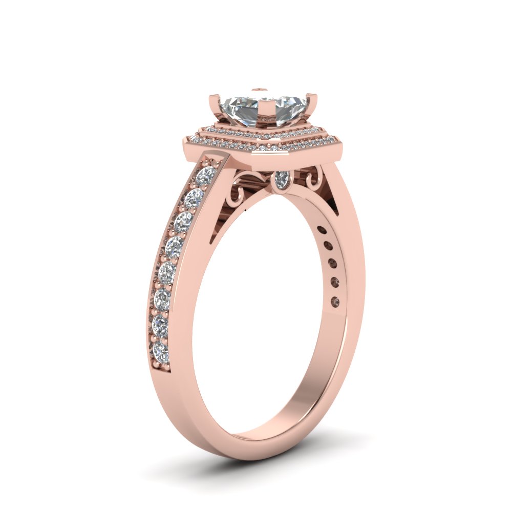 Princess Cut Double Halo Pave Diamond Engagement Ring In 14K Rose Gold ...