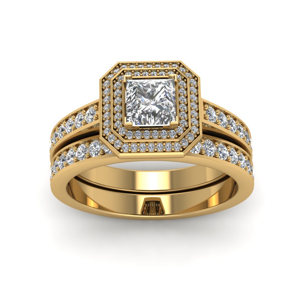 Double Halo Princess Cut Diamond Bridal Sets In 18K Yellow