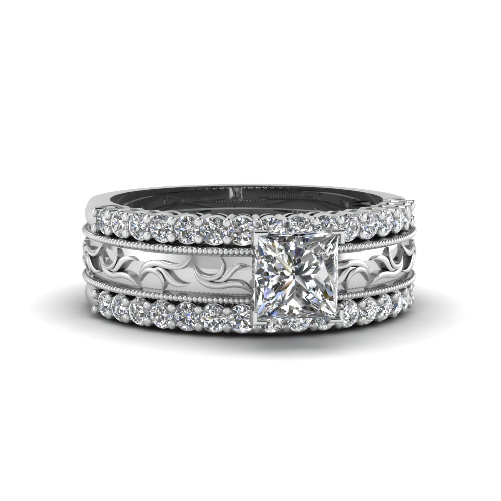 filigree engraved princess cut moissanite trio wedding ring set in FD8100TPR NL WG