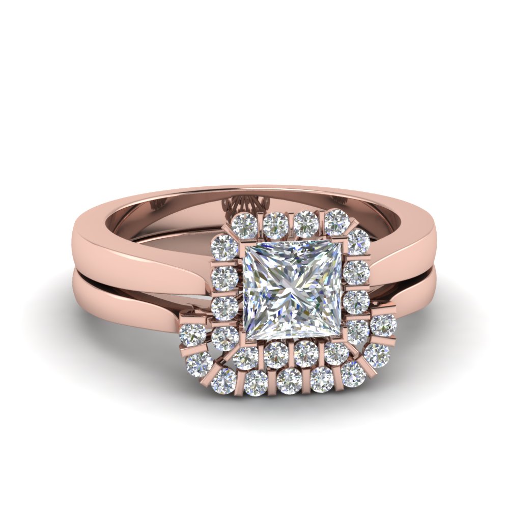 Princess Cut Floating Halo Diamond Wedding Ring Set In 14K