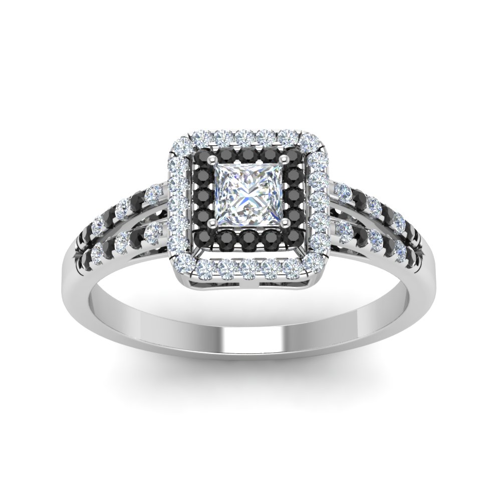 Princess Cut French Pave Double Halo Engagement Ring With Black Diamond ...