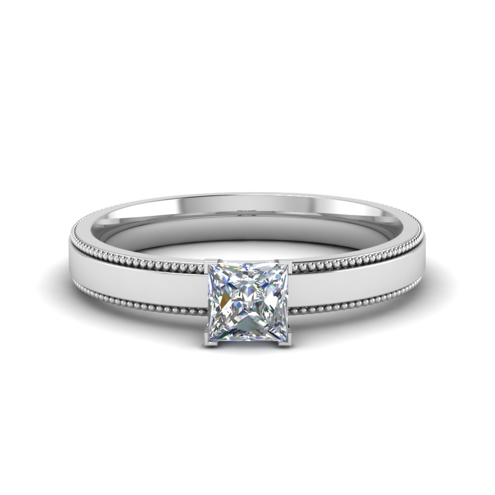 princess cut glossy milgrain single stone engagement ring in 14K white gold FDENR8985PRR NL WG