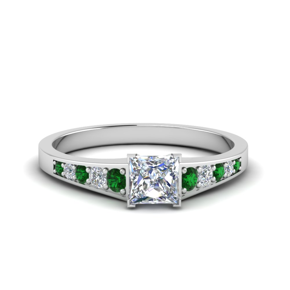 princess cut graduated pave accent diamond engagement ring with emerald in FD8048PRRGEMGR NL WG