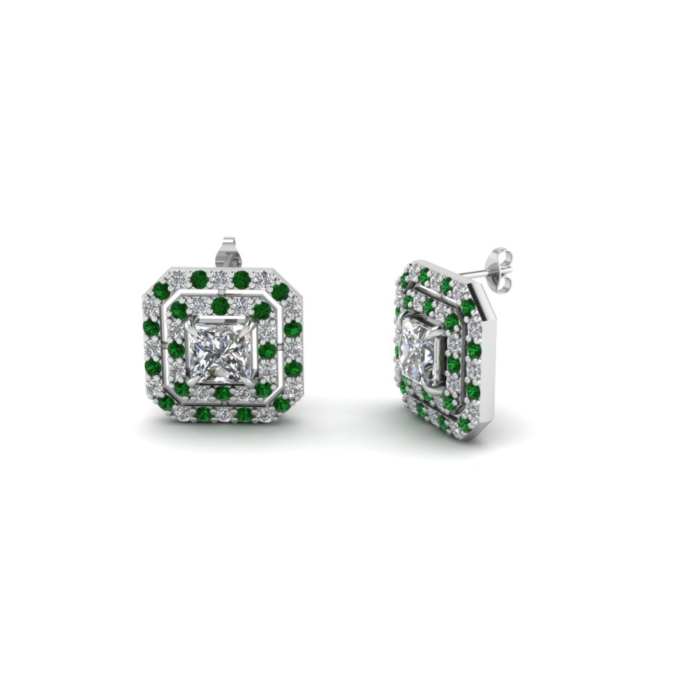 double halo diamond square stud earring with emerald in FDEAR1189PRGEMGR NL WG