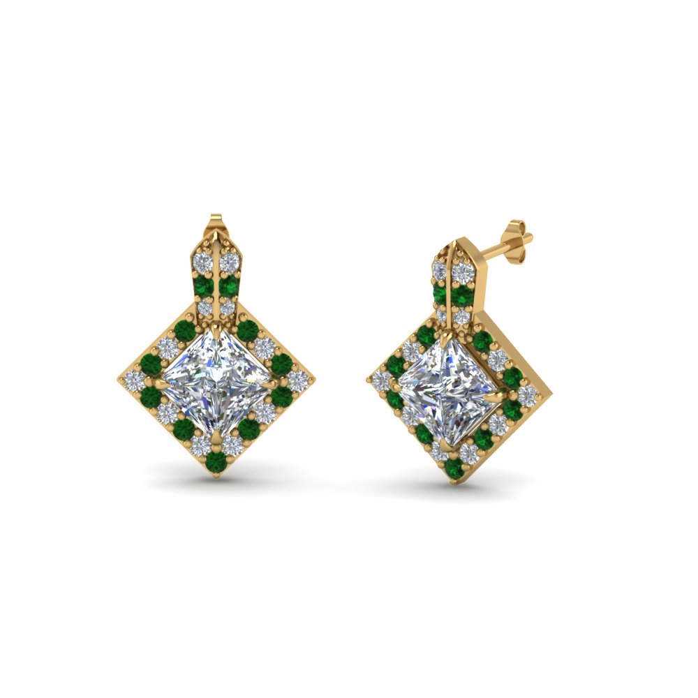 Princess Cut Halo Diamond Earring With Emerald In 14k Yellow Gold Princess Cut Halo Diamond Earring With Emerald In Fdoear40538gemgr Nl Yg