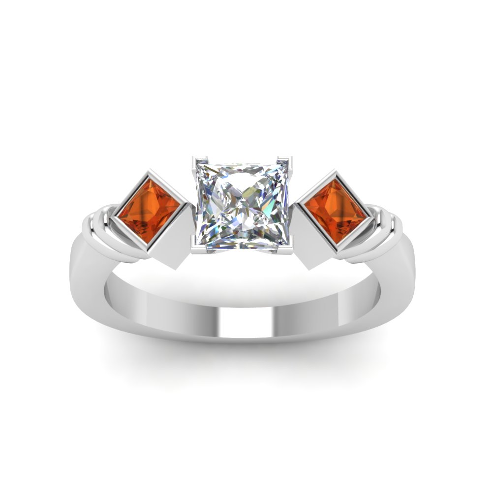 Princess Cut Kite Set 3 Diamond Engagement Ring With Orange Sapphire In ...