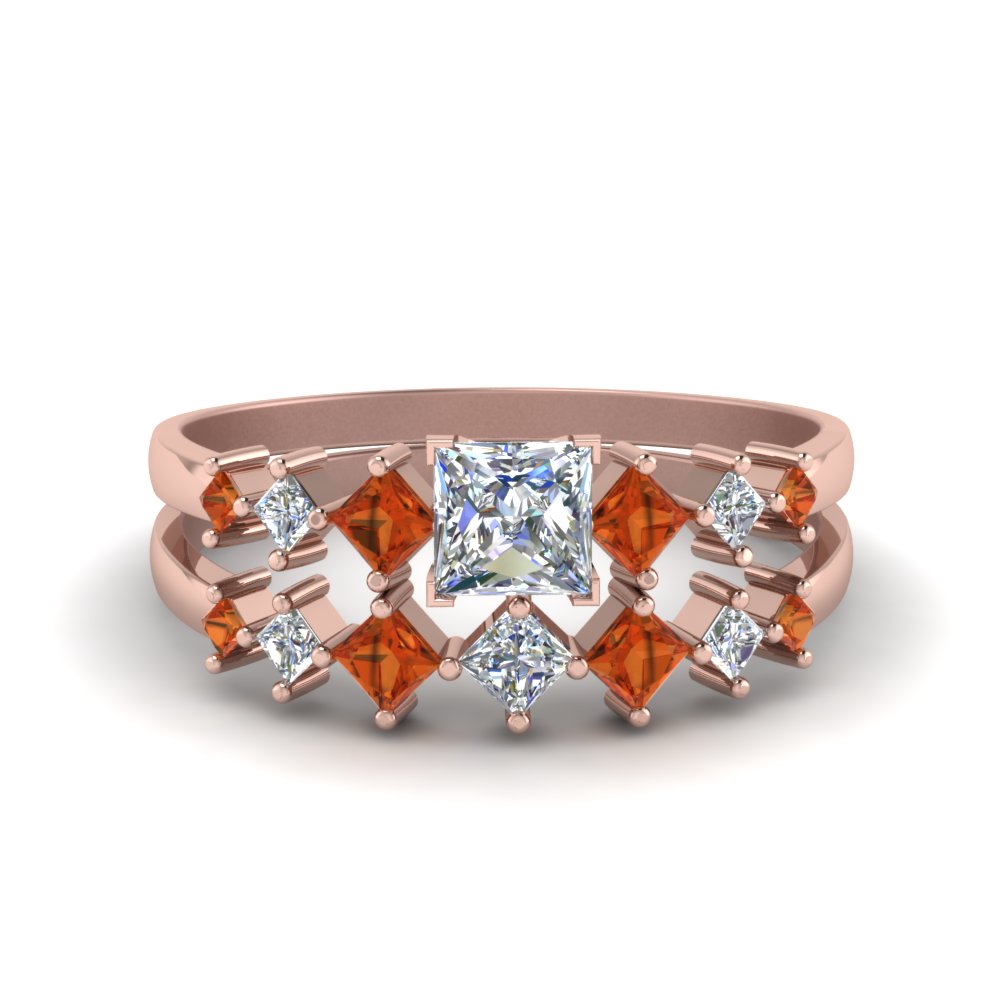 Princess Cut Kite Set Diamond Bridal Set With Orange Sapphire In 14K ...