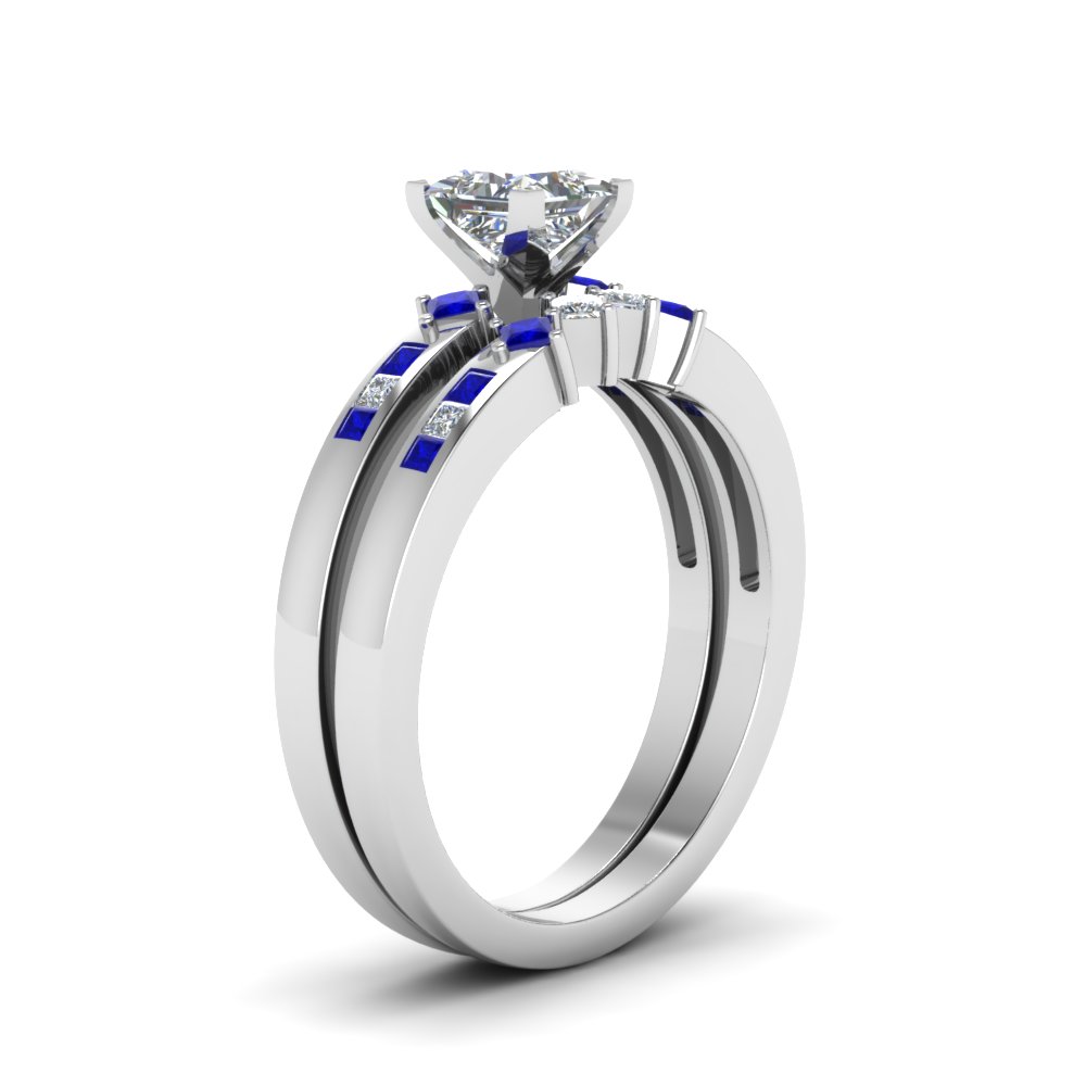 Princess Cut Kite Style Channel Set Accent Diamond Wedding Ring Set ...