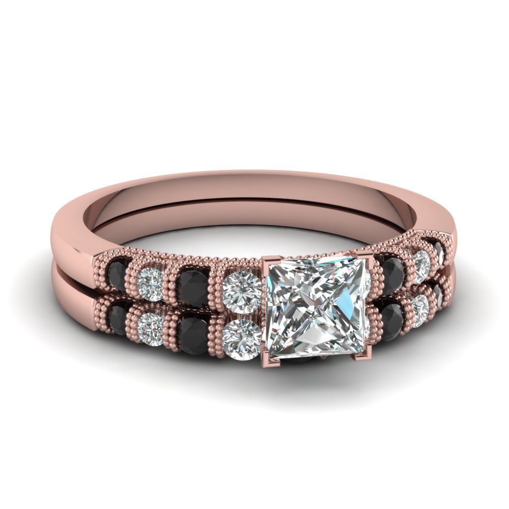 Princess Cut Milgrain Bar Set Wedding Ring Set With Black Diamond
