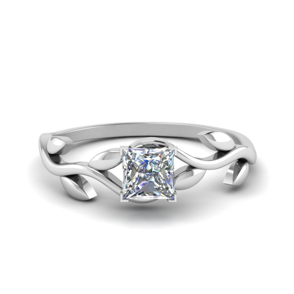 princess cut nature inspired single diamond leaf engagement ring in FD8400PRR NL WG