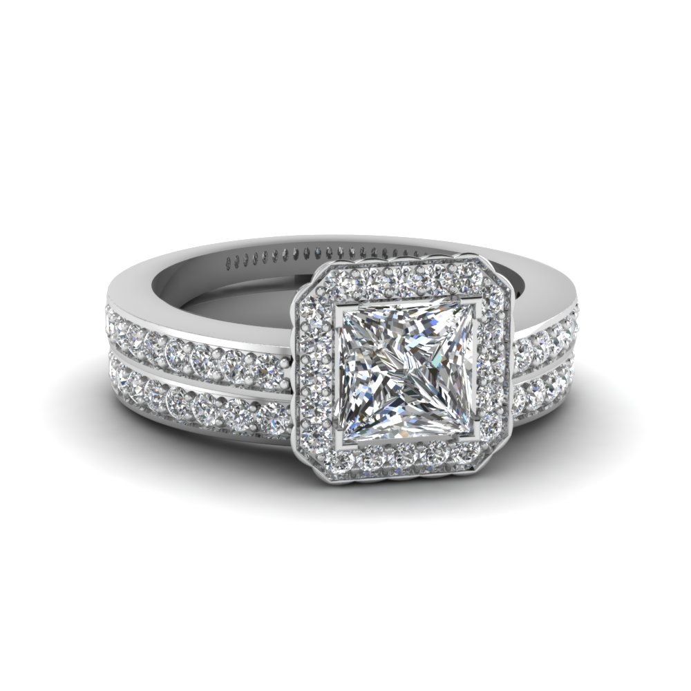 Princess Cut Pave Square Halo Wedding Diamond Ring Set In