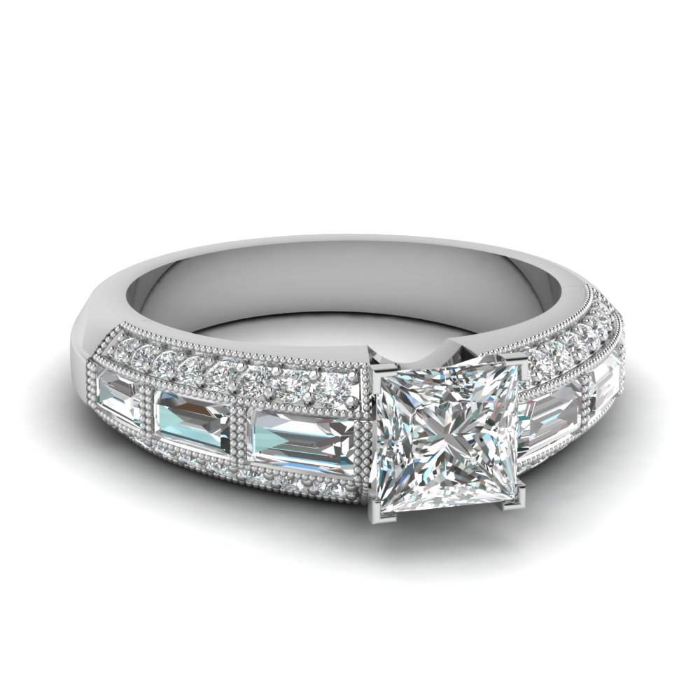 Edwardian Princess Cut diamond Vintage Engagement Ring In 14K White ...