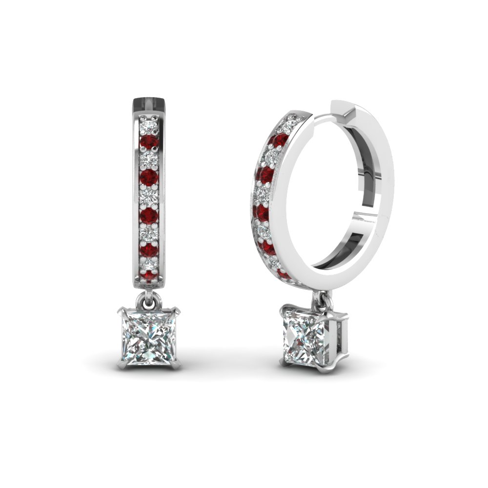 Princess Cut Drop Hoop Diamond Earring With Ruby In 14k White Gold Princess Cut Drop Hoop Diamond Earring With Ruby In Fdear1161prgrudr Nl Wg