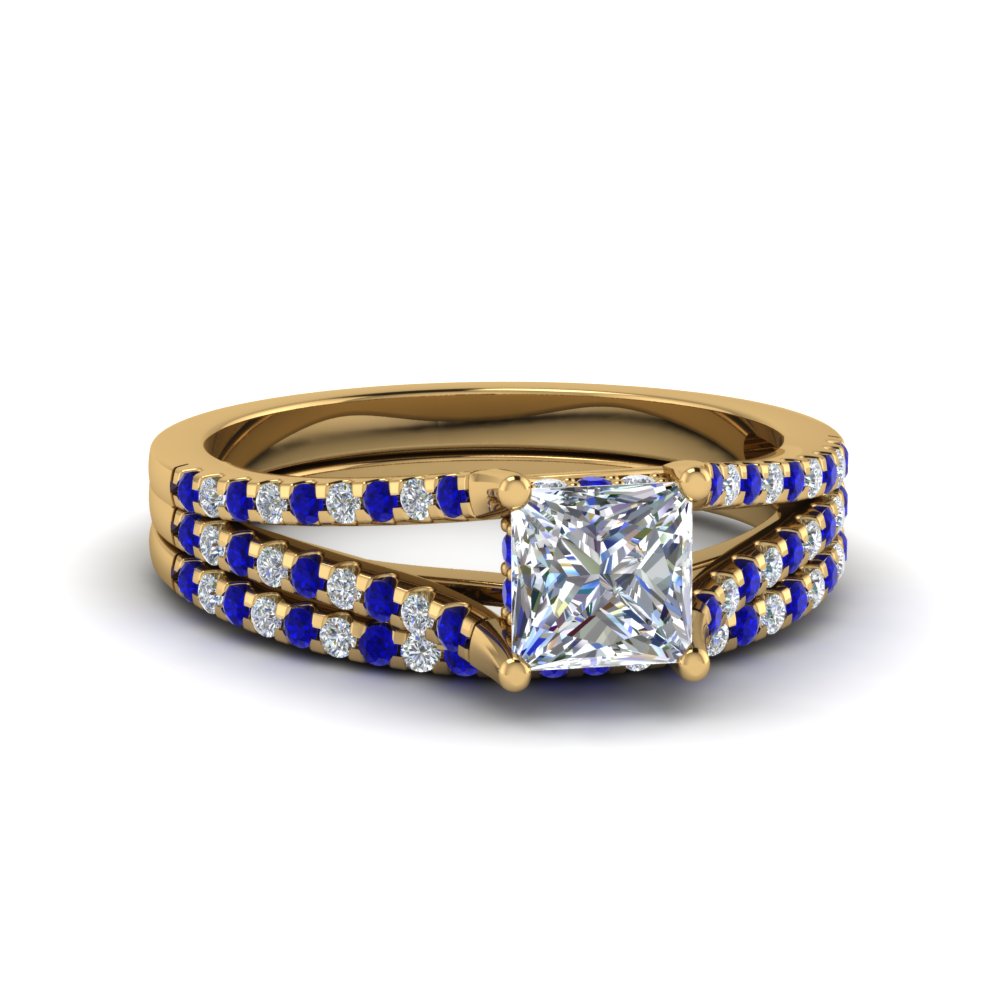 princess cut split thin band diamond wedding ring set with blue sapphire in 18K yellow gold FDENS1759PRGSABL NL YG