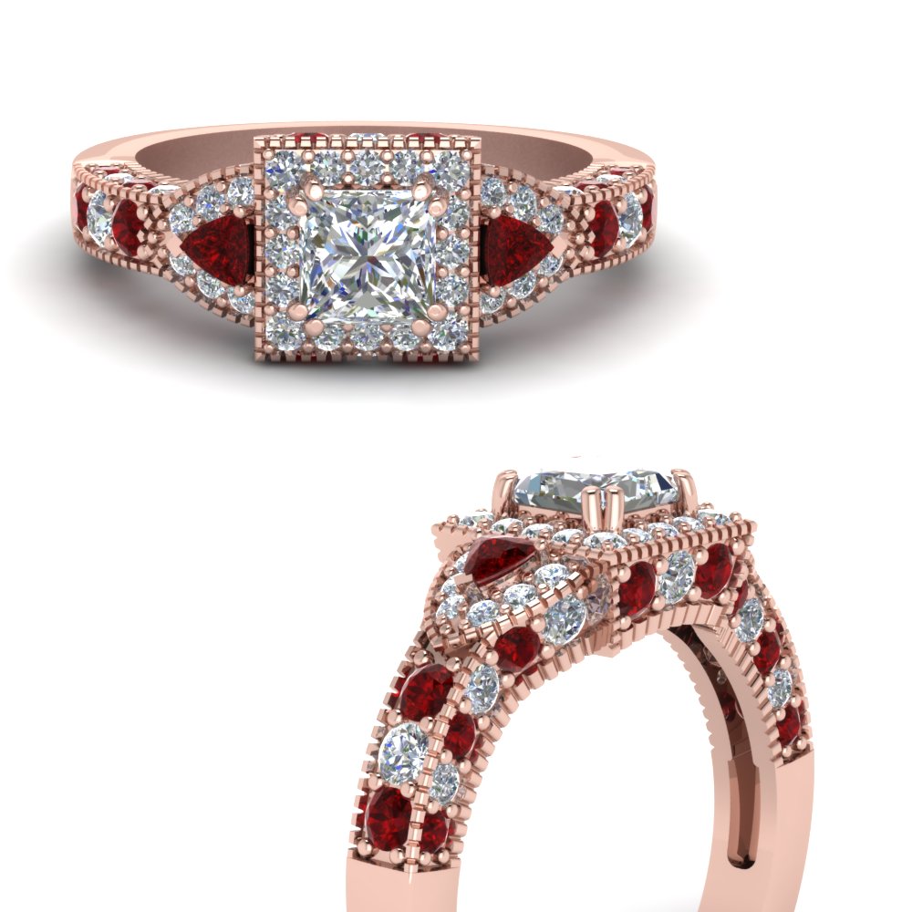 Princess Shaped Trillion Princess Cut Halo Engagement Ring with Red Ruby in 14K Rose Gold