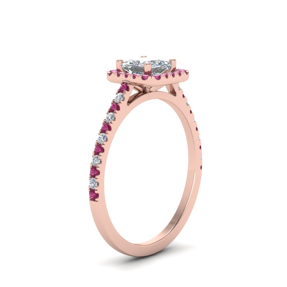 Princess Cut Square Halo Diamond Engagement Ring With Pink Sapphire In ...