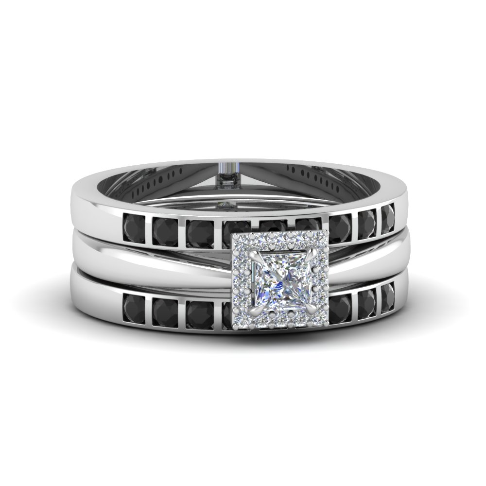 Princess Cut Square Halo Trio Wedding Ring Sets For Women With Black