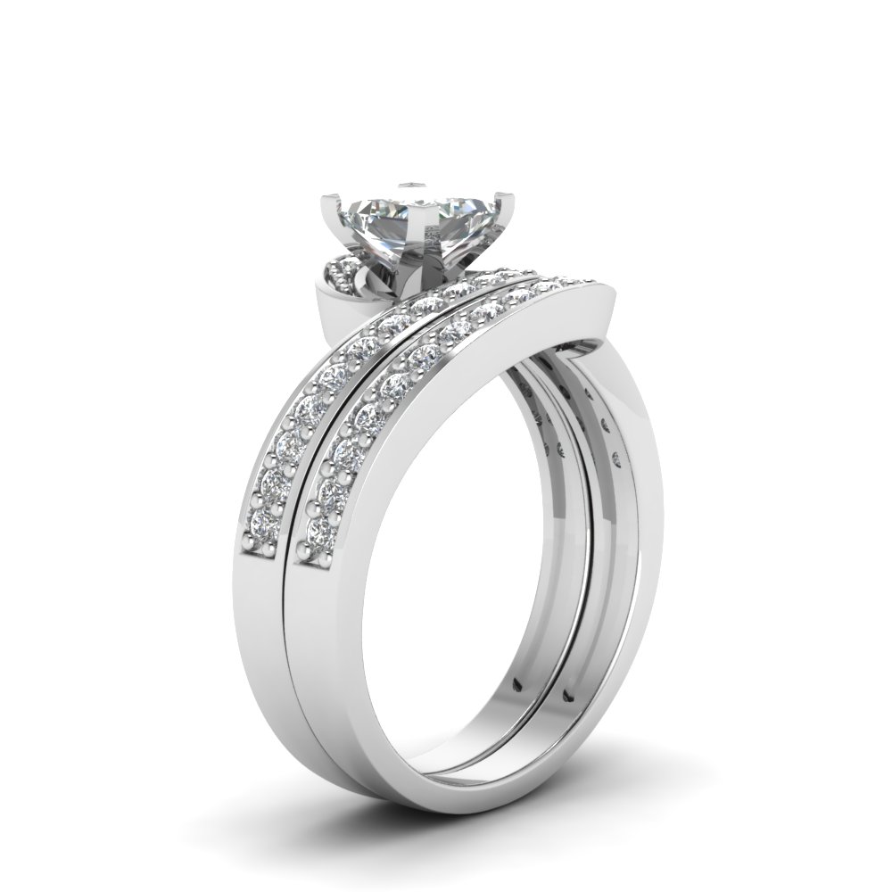 Princess Cut Swirl Pave Diamond Wedding Ring Set In 18K White Gold ...