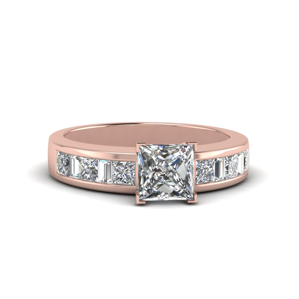 Princess Cut Thick  Band Diamond And Baguette Engagement  