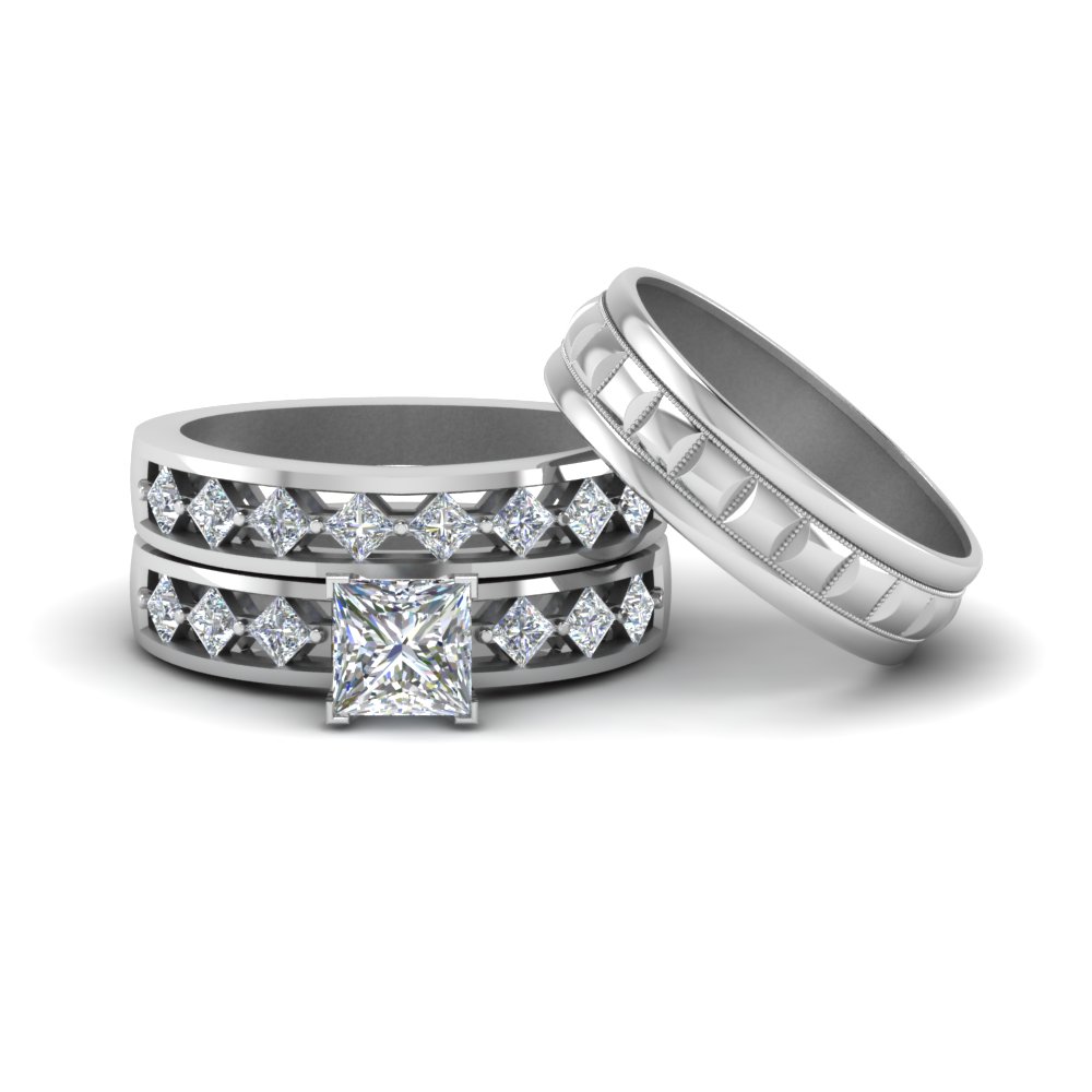 Filigree Engraved Asscher Cut Diamond Trio Wedding Ring Set With ...