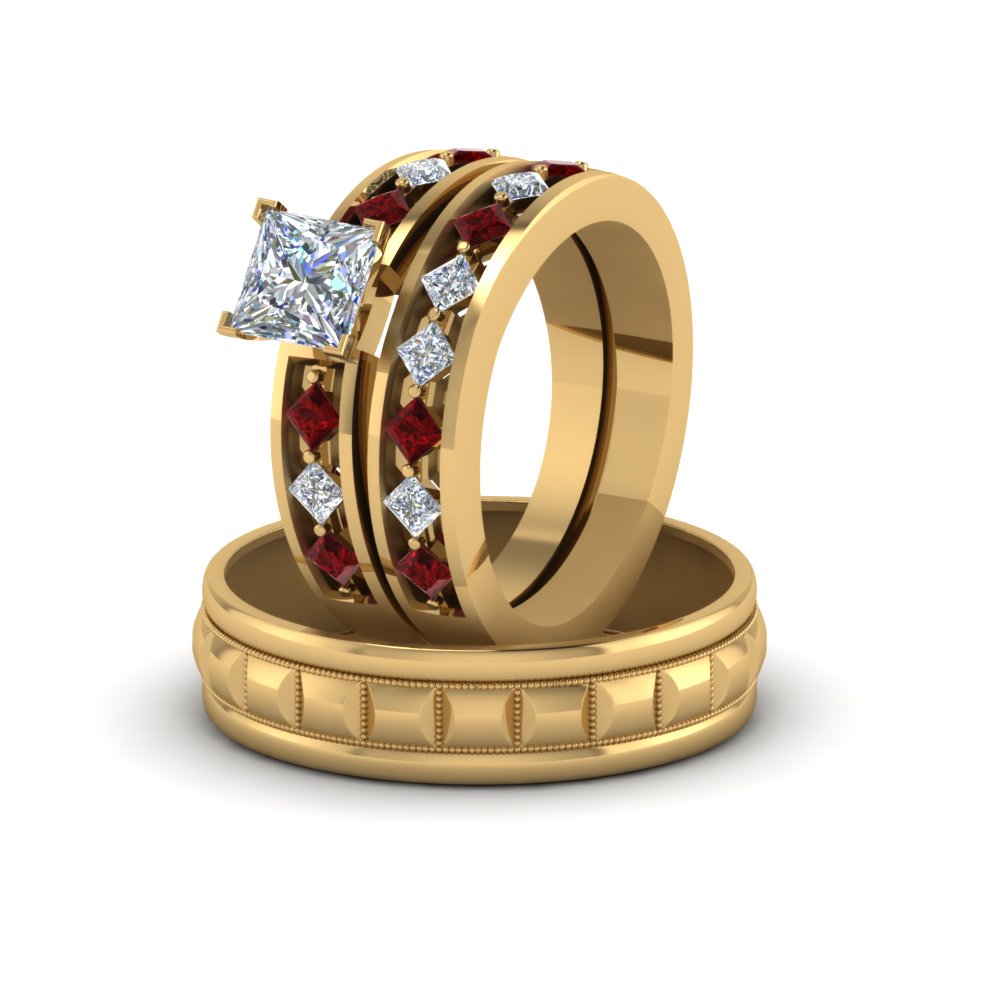 Princess Cut Trio Diamond Wedding Ring Sets For Him And