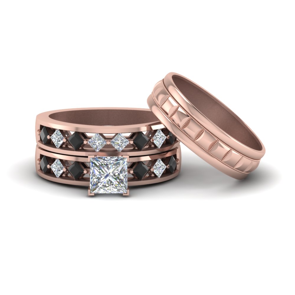 Princess Shaped Trio Wedding Ring Sets For Him And Her with Black Diamond in 14K Rose Gold