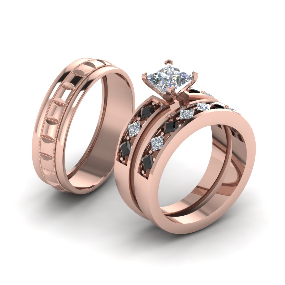 Princess Shaped Trio Wedding Ring Sets For Him And Her with Black Diamond in 14K Rose Gold